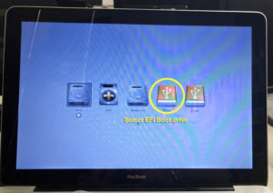 Image showing a Mac Startup Manager screen with multiiple drives. The EFI drive has a circle drawn around it to indicate that it is selected.